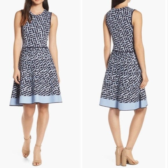 Eliza J. Blue & Black Geometric Print Fit & Flare Sleeveless Sweater Dress SP - Picture 1 of 12